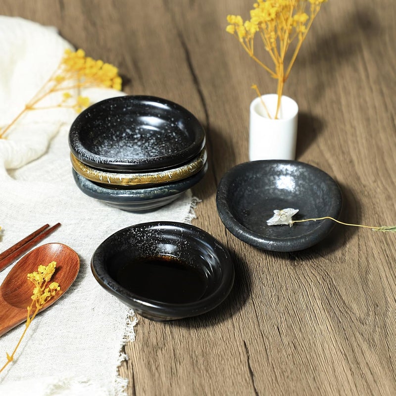 Bicuzat مجموعة من 5 أطباق جانبية سيراميكية على الطراز الياباني العتيق، أطباق غمس، أطباق توابل سوداء عتيقة، أطباق صلصة الصويا، مجموعة 35 بوصة - Image 4