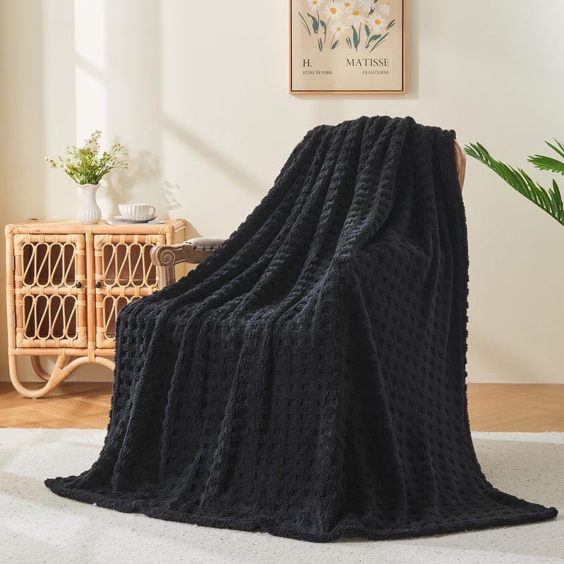 Wajade Fleece Throw Blanket, Fluffy Faux Fur Blanket for Bed Sofa Couch, Soft Warm Thick Blanket,waffle Black-178X203 - Image 1