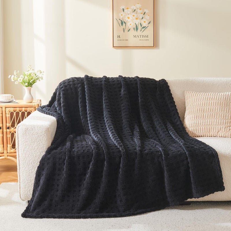 Wajade Fleece Throw Blanket, Fluffy Faux Fur Blanket for Bed Sofa Couch, Soft Warm Thick Blanket,waffle Black-178X203 - Image 2