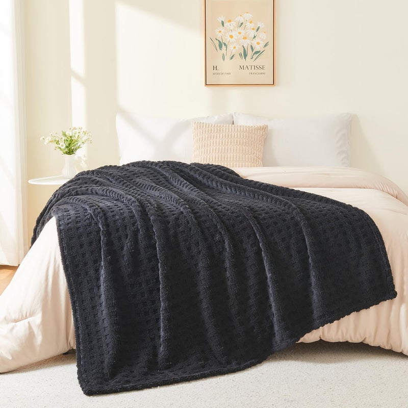 Wajade Fleece Throw Blanket, Fluffy Faux Fur Blanket for Bed Sofa Couch, Soft Warm Thick Blanket,waffle Black-178X203 - Image 4
