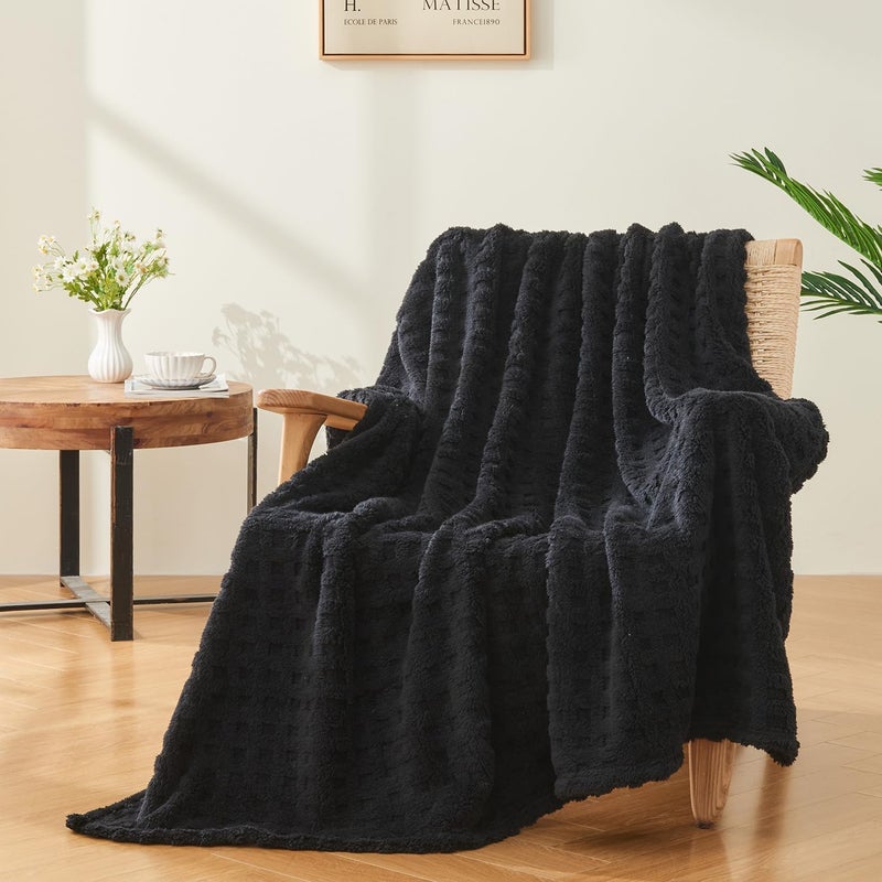 Wajade Fleece Throw Blanket, Fluffy Faux Fur Blanket for Bed Sofa Couch, Soft Warm Thick Blanket,waffle Black-178X203 - Image 3