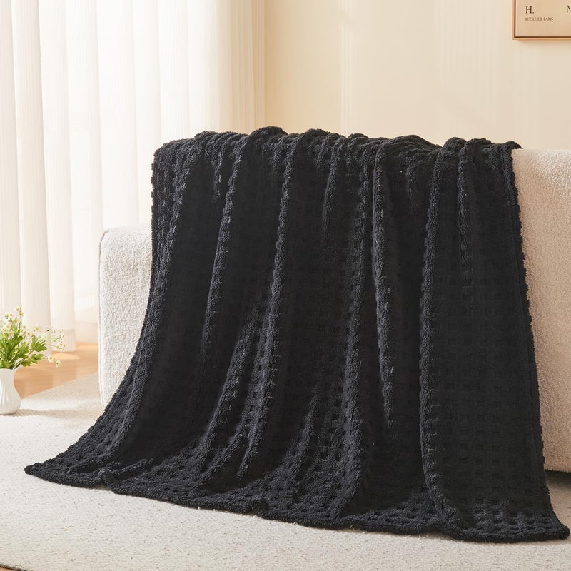 Wajade Fleece Throw Blanket, Fluffy Faux Fur Blanket for Bed Sofa Couch, Soft Warm Thick Blanket,waffle Black-178X203 - Image 5