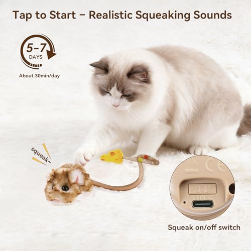 Migipaws Interactive MigiMouse Cat Toy 360° Rolling & Spin with Wiggling Tail for Indoor Cats Smart Motion Sensor, Realistic Squeak, Rechargeable Plush Kitten Toy(Brown Long) - Image 3