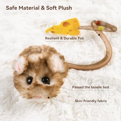 Migipaws Interactive MigiMouse Cat Toy 360° Rolling & Spin with Wiggling Tail for Indoor Cats Smart Motion Sensor, Realistic Squeak, Rechargeable Plush Kitten Toy(Brown Long) - Image 5