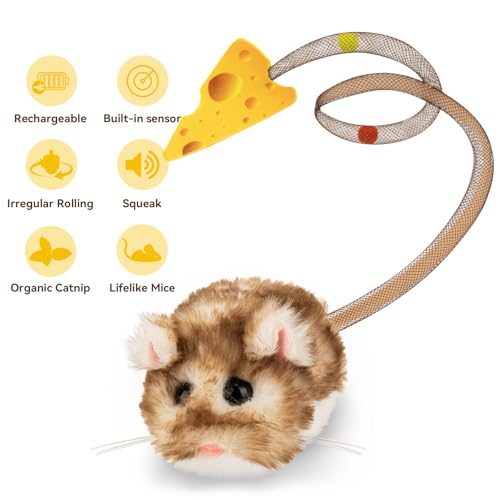 Migipaws Interactive MigiMouse Cat Toy 360° Rolling & Spin with Wiggling Tail for Indoor Cats Smart Motion Sensor, Realistic Squeak, Rechargeable Plush Kitten Toy(Brown Long) - Image 4