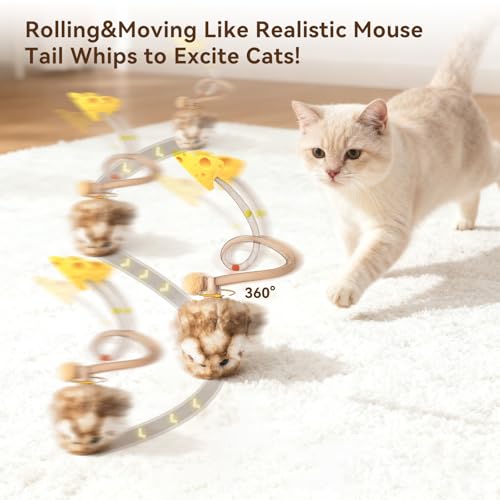 Migipaws Interactive MigiMouse Cat Toy 360° Rolling & Spin with Wiggling Tail for Indoor Cats Smart Motion Sensor, Realistic Squeak, Rechargeable Plush Kitten Toy(Brown Long) - Image 2
