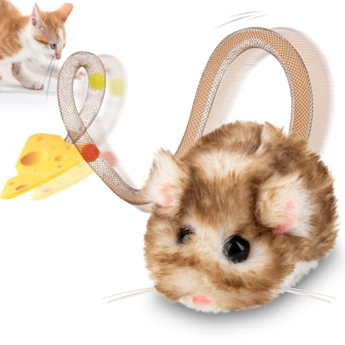Migipaws Interactive MigiMouse Cat Toy 360° Rolling & Spin with Wiggling Tail for Indoor Cats Smart Motion Sensor, Realistic Squeak, Rechargeable Plush Kitten Toy(Brown Long) - Image 1