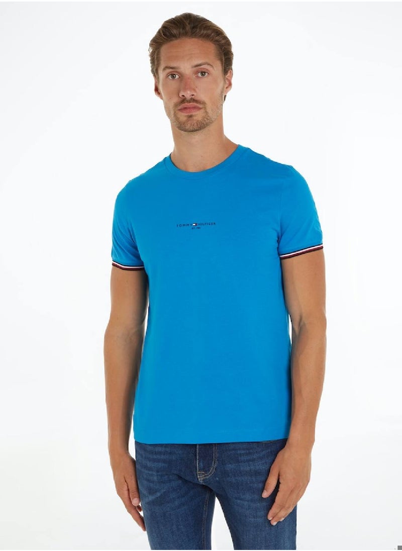 TOMMY HILFIGER Men's Tipped Cuff Slim Fit T-Shirt -  Cotton, Blue  - Image 1