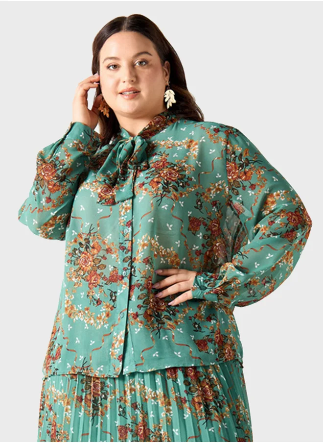 تواكستريمز Floral Print Bow Neck Top