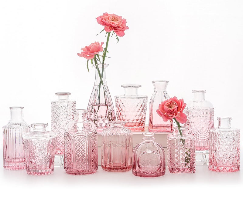 SUPMIND 12Pcs Glass Bud Vase Set Small Flower Vase for Centerpieces Pink Bud Vases in Bulk Mini Vintage Vase for Rustic Wedding Decorations