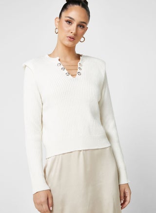 Button Front Padded Shoulder Sweater