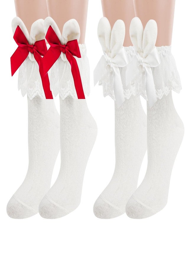 Violet Mist Easter Bunny Socks for Women Girls Cute White Ruffle Socks with Bunny Ears Funny Frilly Rabbit Sock with Bow Rabbit Gifts Novelty Lolita Princess Anklet Sock - Image 1