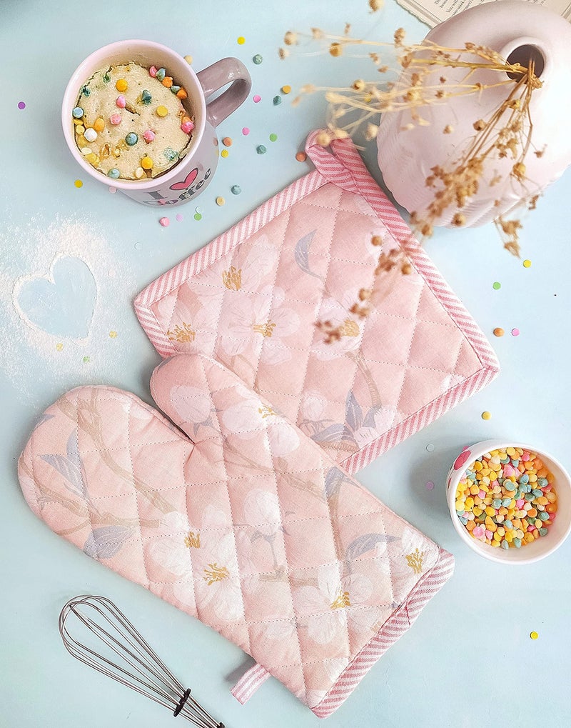 PIXEL HOME DECOR Cherry Blossom Collection Printed Oven Mitt and Pot Holder (Pink Blossom) - Image 2