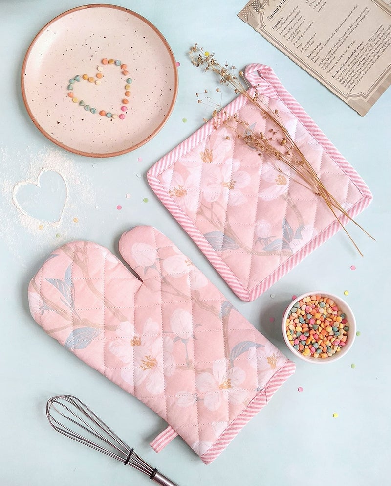 PIXEL HOME DECOR Cherry Blossom Collection Printed Oven Mitt and Pot Holder (Pink Blossom) - Image 5