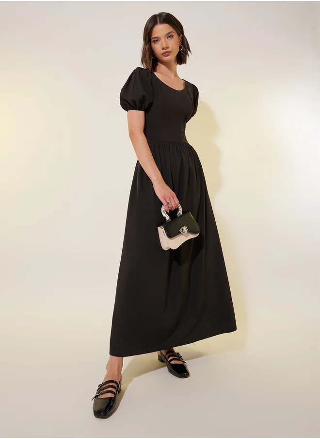 Styli Solid Puff Sleeves Round Neck A-Line Maxi Dress