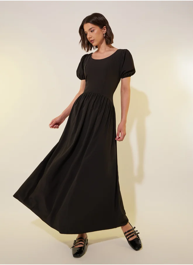 Styli Solid Puff Sleeves Round Neck A-Line Maxi Dress