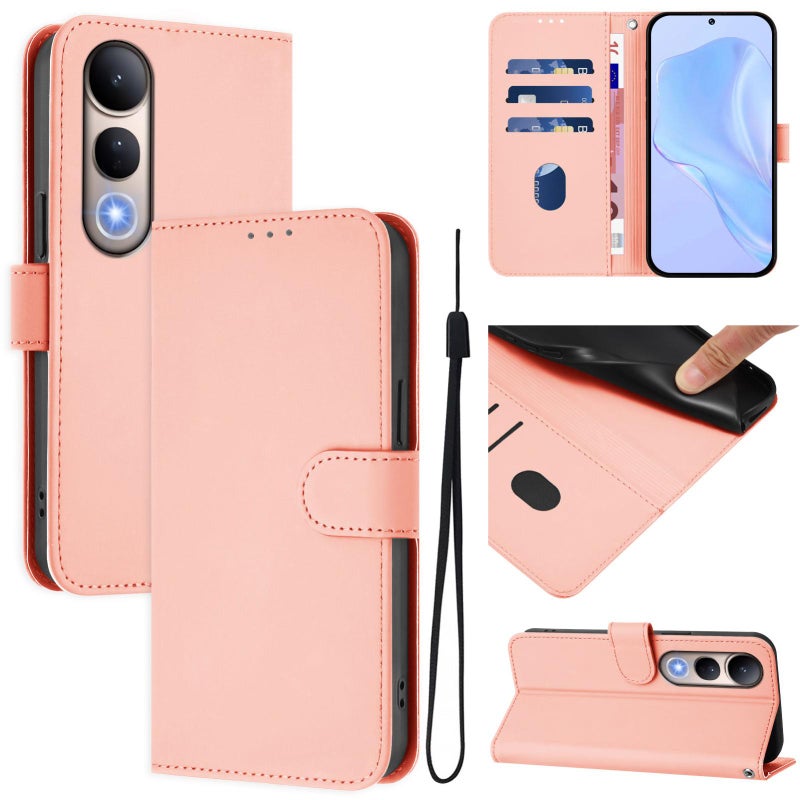 HuHa Case Cover For vivo V50 Lite 5G Skin Feel Solid Color Leather Phone Case with Lanyard(Pink) - Image 1