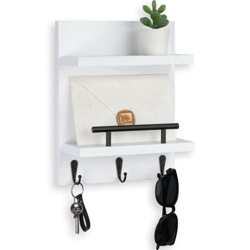 Lucundm Key Holder Wall Mount Mail Shelf Decor with 3 Key Hooks Versatile Wood Wall Organizer for Entryway Hallway 82 x 106x 36 White - Image 1