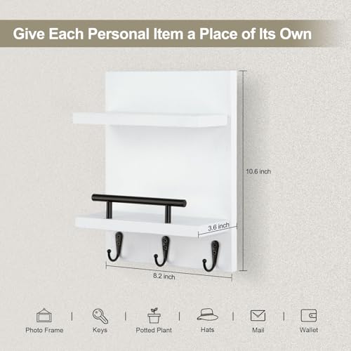 Lucundm Key Holder Wall Mount Mail Shelf Decor with 3 Key Hooks Versatile Wood Wall Organizer for Entryway Hallway 82 x 106x 36 White - Image 3