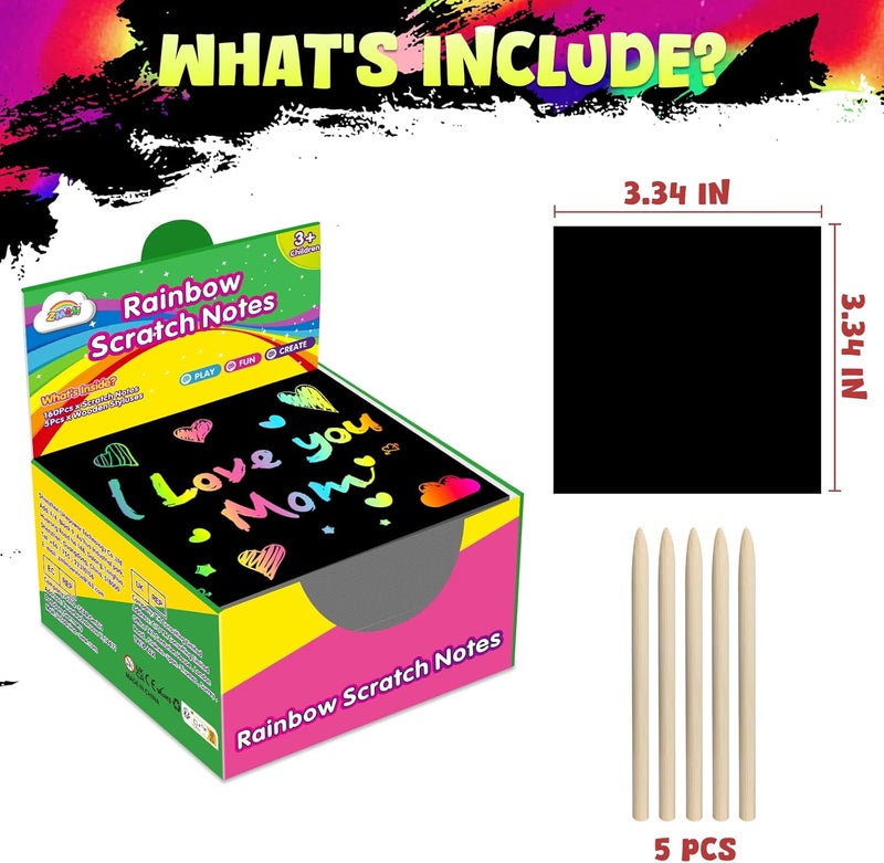 ZMLM Rainbow Scratch Mini Art Notes - 125 Magic Scratch Note Off Paper Pads Cards Sheets for Kids Black Scratch Note Arts Crafts DIY Party Favor Supplies Kit Birthday Game Toy Gifts Box for Girls Boys - Image 2