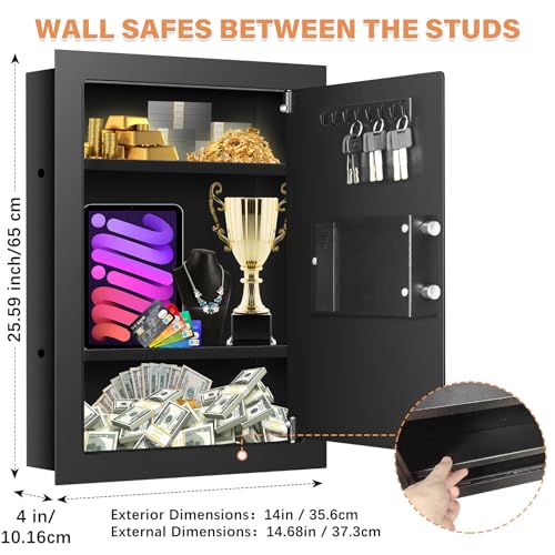 Tiskgg 25.6" Tall Fireproof Wall Safes Between the Studs 16" Centers, Heavy Duty Combination Lock in Wall Safe with 2 Removable Shelf, Hidden Safe for Money, Jewelry, Document, Passport - Image 2