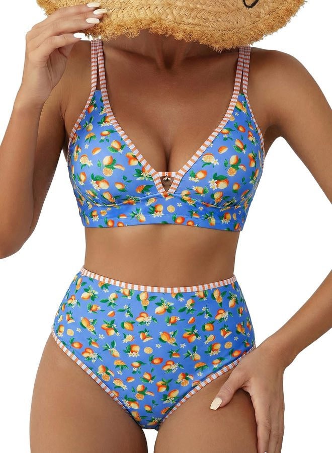 Herseas Women's 2 Piece Floral Print Bikini Sets V Neck Stitch Swimsuits High Waisted Bathing Suit Beach Summer Swimwear, Navy Citrus Print​, M - Image 1