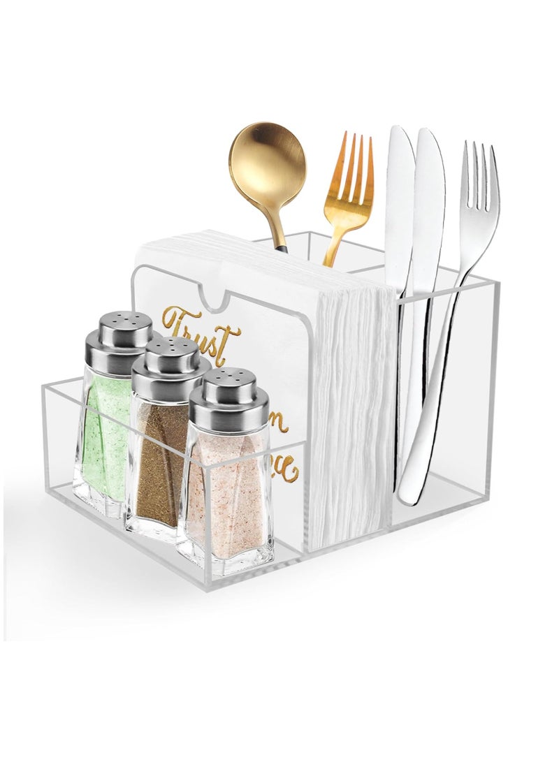 TPGP Napkin Holder with Salt and Pepper Shaker Caddy, Acrylic Napkin Holder for Table, Versatile Use for Home Dining, Hosting, Wedding Reception, Party, Patio, Deck, Restaurant, Cafe Bar Decor, Easy to Clean, Clear - Image 1