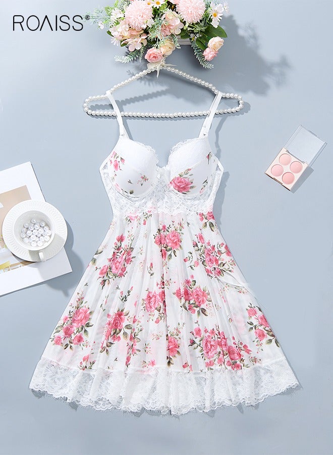 roaiss Ladies Sleepwear Floral Print Contrast Lace Nightgown and Panty Set for Women Comfortable and Breathable Embroidery Design  - Image 1