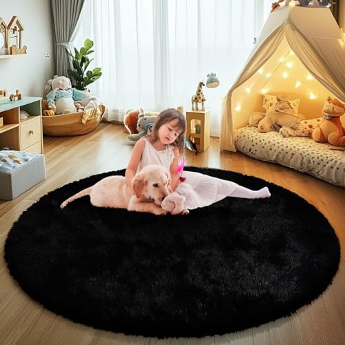 yulidayang Black Fluffy Round Area Rugs for Bedroom4Ft Shag Circle Area Rugs for Living RoomNon Slip Fuzzy Plush Rug for Kids Boys Girls Room and Dorm Home Decor Rug - Image 1