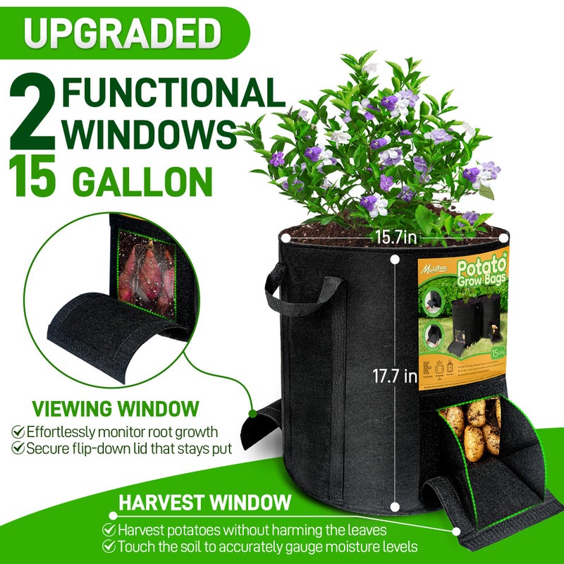 Mulctun 4 Pcs 15 Gallon Potato Grow Bags with Harvest & Visible Windows, Thickened Nonwoven Fabric Potato Planter,Potato Growing Containers with Sturdy Handles, Potato Bags for Growing Potatoes Vegetables - Image 2