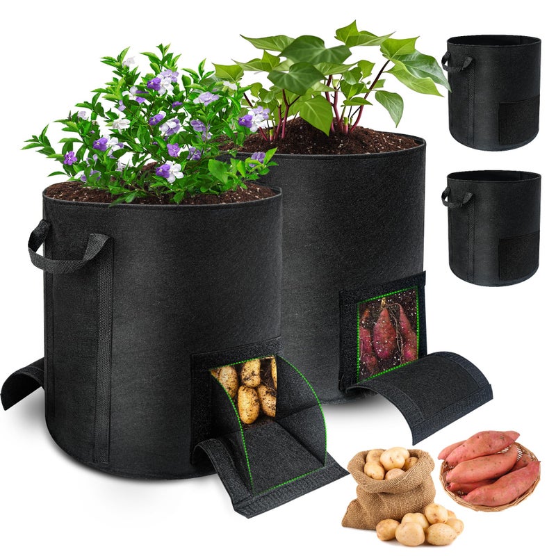 Mulctun 4 Pcs 15 Gallon Potato Grow Bags with Harvest & Visible Windows, Thickened Nonwoven Fabric Potato Planter,Potato Growing Containers with Sturdy Handles, Potato Bags for Growing Potatoes Vegetables - Image 1