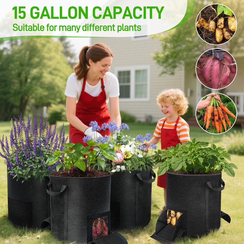 Mulctun 4 Pcs 15 Gallon Potato Grow Bags with Harvest & Visible Windows, Thickened Nonwoven Fabric Potato Planter,Potato Growing Containers with Sturdy Handles, Potato Bags for Growing Potatoes Vegetables - Image 5
