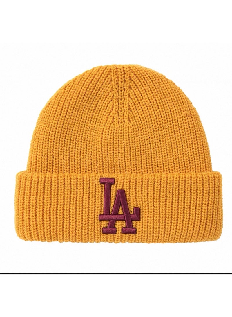 MLB Los Angeles Dodgers Mustard Knitted Beanie with Embroidered LA Logo - Trendy & Warm Winter Headwear
