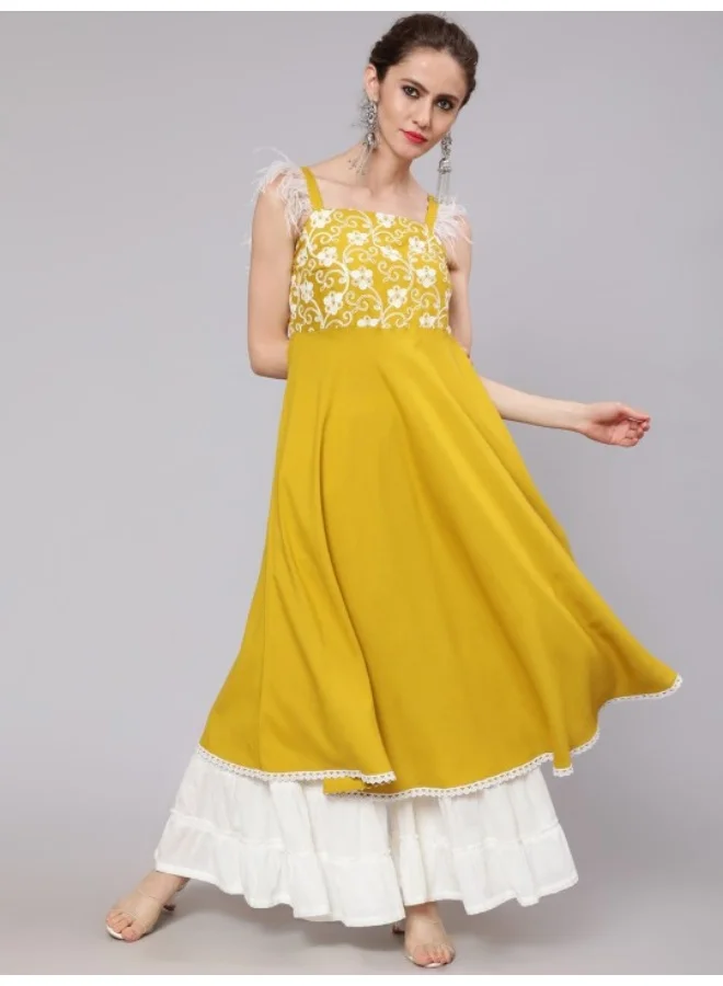 AKS Yellow Embroidered A-Line Kurta With Fur Lace Details