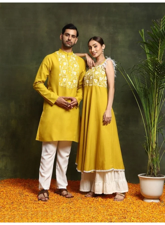 AKS Yellow Embroidered A-Line Kurta With Fur Lace Details