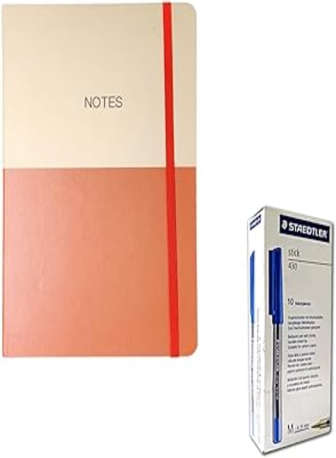 HardCover Basic Brown A5 Notebook with Elastic Band & 10-Pieces Staedtler 430 Blue Pens /1.0mm