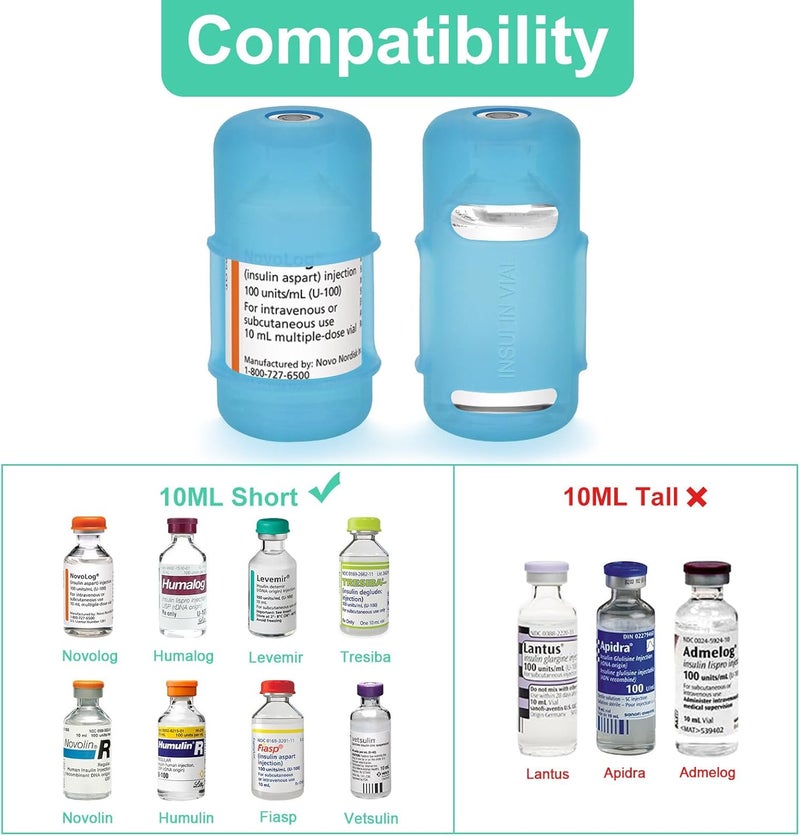APDTEK حافظة واقي زجاجة الأنسولين لحاويات 10 مل القصيرة NovologHumalogHumulin مضادة للكسر حاملة زجاجة الأنسولين مريحة واقي زجاجة الأنسولين للسفر لمرضى السكري باللون الأزرق - Image 2