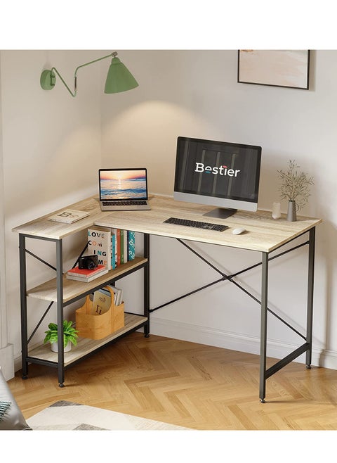 L Shaped Desk With Shelves 120 Cm Reversible Corner Beige