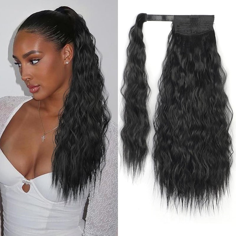 Stamped Glorious Long Corn Wave Ponytail Extension Magic Paste Heat Resistant Wavy Synthetic Wrap Around Ponytail Black Hairpiece for Women18 inchBlack