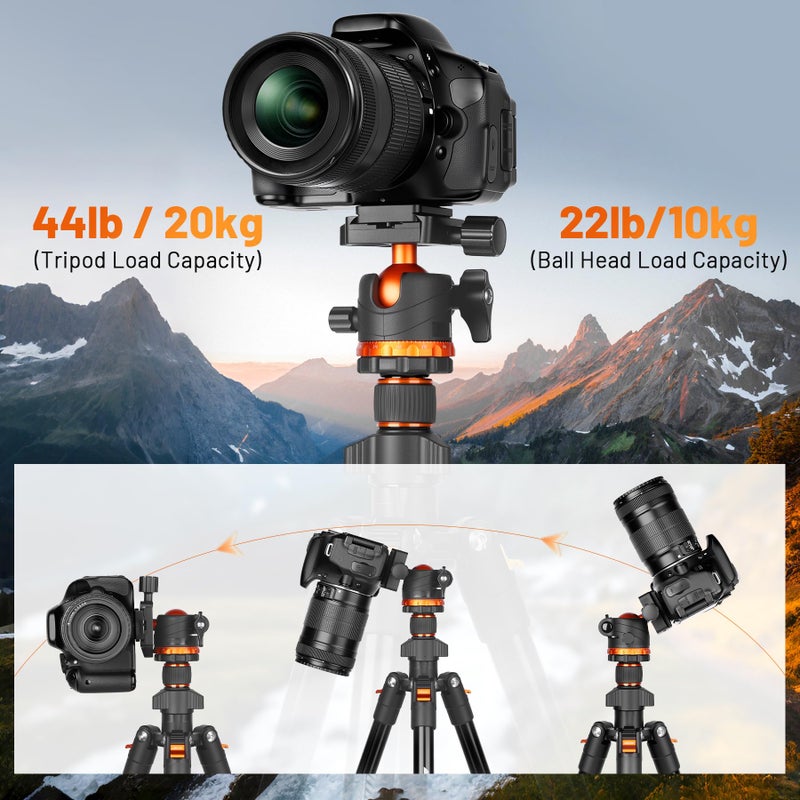 JOILCAN 66" Camera Tripod, Travel Tripod for Camera with 360Â° Ball Head & Phone Holder, Lightweight Compact Tripod for DSLR/Smartphone Photography, Max Load 22lbs - Image 3