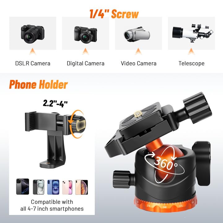 JOILCAN 66" Camera Tripod, Travel Tripod for Camera with 360Â° Ball Head & Phone Holder, Lightweight Compact Tripod for DSLR/Smartphone Photography, Max Load 22lbs - Image 2