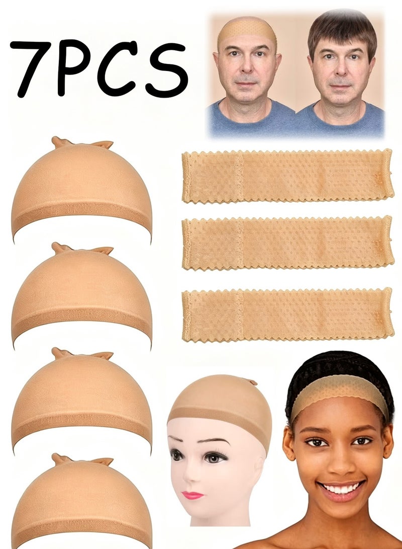 Silicone Wig Grip Band Set, 4 Nylon Wig Caps and 3 Non-Slip Bands with Dual-Sided Grip(beige) - Image 1