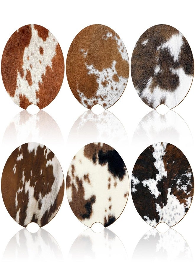 Sieral 6 Pcs Western Cow Hide Car Coasters for Cup Holders, 2.56 Inch Absorbent Universal Cork Coasters with Finger Notch, Western Brown Cow Print Car Accessories for Women Men - Image 1