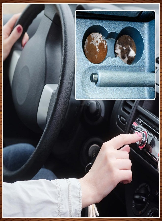 Sieral 6 Pcs Western Cow Hide Car Coasters for Cup Holders, 2.56 Inch Absorbent Universal Cork Coasters with Finger Notch, Western Brown Cow Print Car Accessories for Women Men - Image 5
