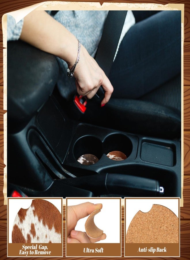 Sieral 6 Pcs Western Cow Hide Car Coasters for Cup Holders, 2.56 Inch Absorbent Universal Cork Coasters with Finger Notch, Western Brown Cow Print Car Accessories for Women Men - Image 3