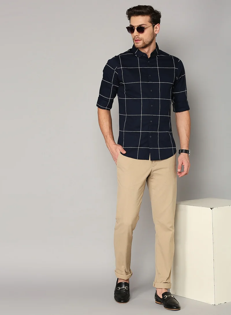 Dennis Lingo Slim Fit Dark Blue Men's Solid Shirt, Spread Collar, Full Sleeves, 100% Cotton,