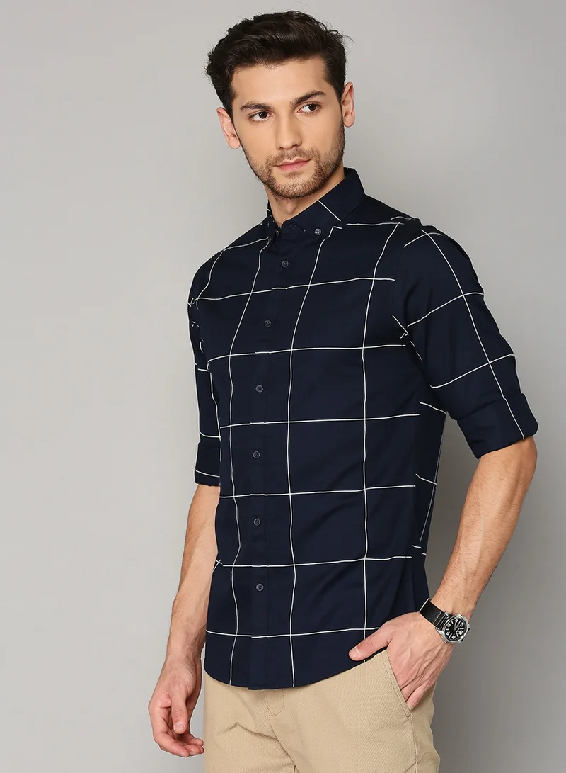 Dennis Lingo Slim Fit Dark Blue Men's Solid Shirt, Spread Collar, Full Sleeves, 100% Cotton,