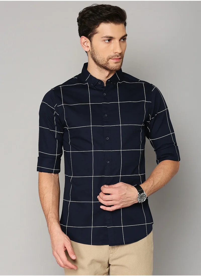 دينيس لينغو Slim Fit Dark Blue Men's Solid Shirt, Spread Collar, Full Sleeves, 100% Cotton