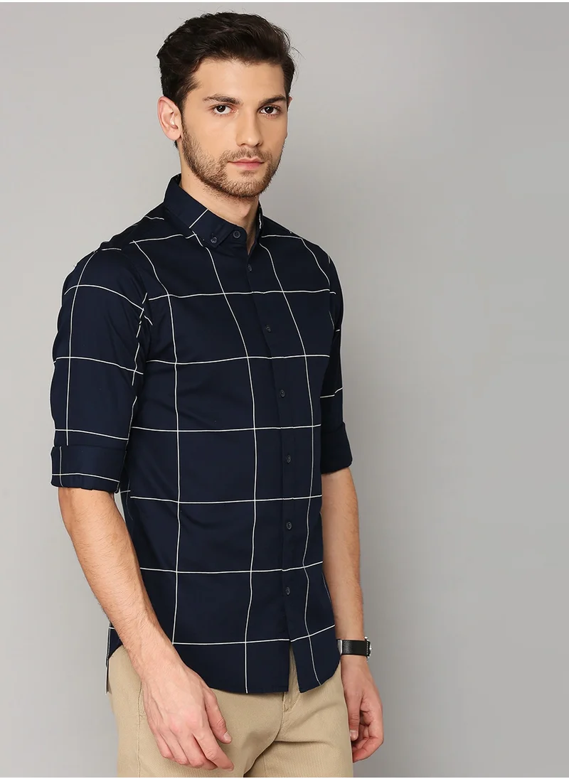 دينيس لينغو Slim Fit Dark Blue Men's Solid Shirt, Spread Collar, Full Sleeves, 100% Cotton