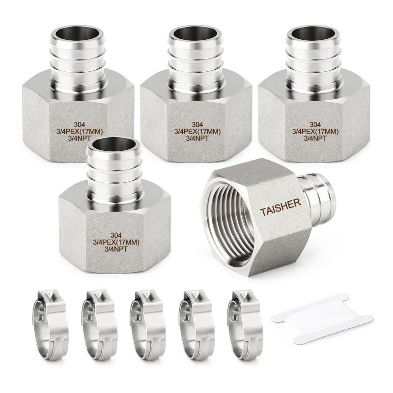TAISHER 5PCS 304 Stainless Steel Pex Fittings34 Pex x 34 NPT Female34 Pex Fitting With 5PCS Hose Clamp For Pex Tubing Pipe - Image 2